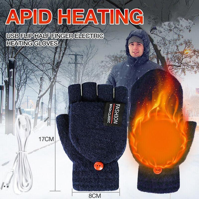 Winter Electric Rechargeable Mitten Heated Gloves Half Finger W/Hat USB Knitted - Aimall