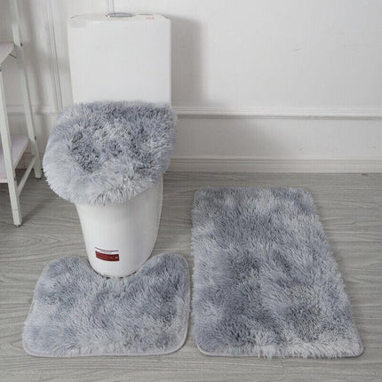 AntiSlip Washable 3pc Bathroom Mat Set Fluffy Toilet Cover Pedestal Rug Bath Mat - Aimall