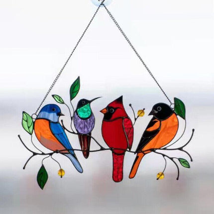 Stained Birds-On-A-Wire Window Panel Hanging Suncatcher Ornament Gifts AU Stock - Aimall