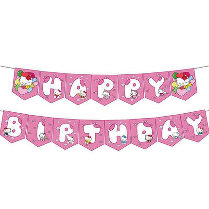 Happy Birthday Cute Hello Kitty Balloon Banner Flag Light Tinsel Curtain Party - Aimall