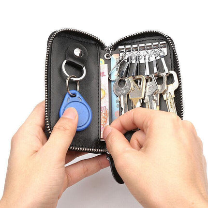 Key Holder Bag Leather Case Ring Wallet Car Unisex Pouch Keychains Black Coffee - Aimall