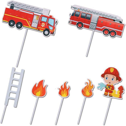 8pcs Fireman Cake Cupcake Topper Set Fire Truck Engine Happy Birthday Party AU - Aimall