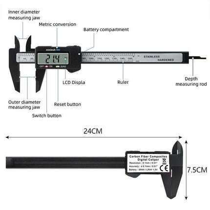 Electronic Digital Vernier Caliper 150mm 6'' Inch Micrometer Gauge Carbon Fiber - Aimall