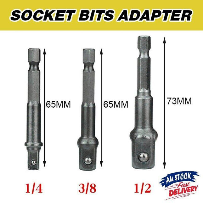 3PC Drill Socket Adaptor Hex Drive To 1/4" 3/8" 1/2" Impact Drill BIts Driver - Aimall