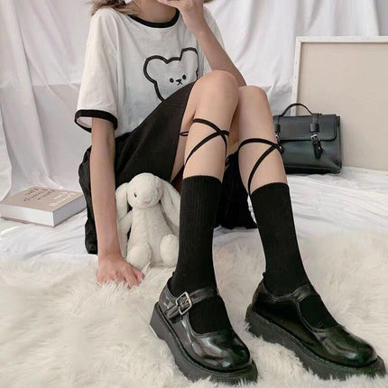 Cross-Tie Women Lolita Socks Bandage Stockings Korean Style Middle Tube Socks AU - Aimall