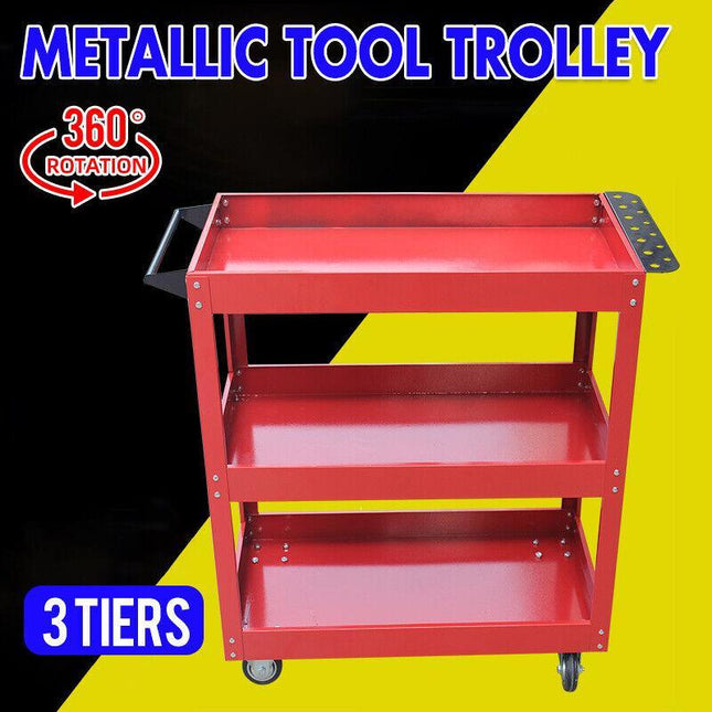 Tool Trolley 3 Tiers Workshop Cart Rolling Steel Part Storage Handyman 150KG Red - Aimall