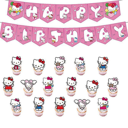 Happy Birthday Cute Hello Kitty Balloon Banner Flag Light Tinsel Curtain Party - Aimall