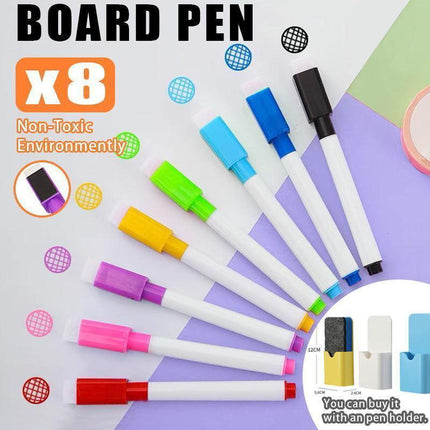 8 Colour Whiteboard Marker Pens With Dry Wipe Erase Magnetic Eraser Lid AU Stock - Aimall