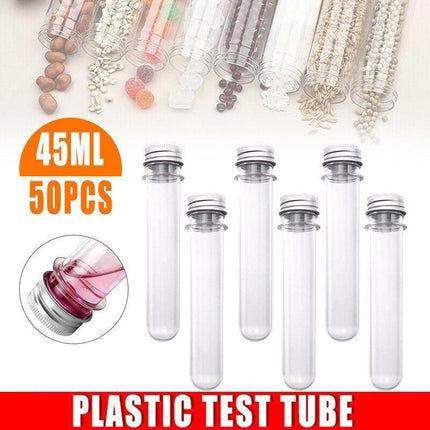 Plastic Test Tubes with metal caps displayed on a laboratory counter.