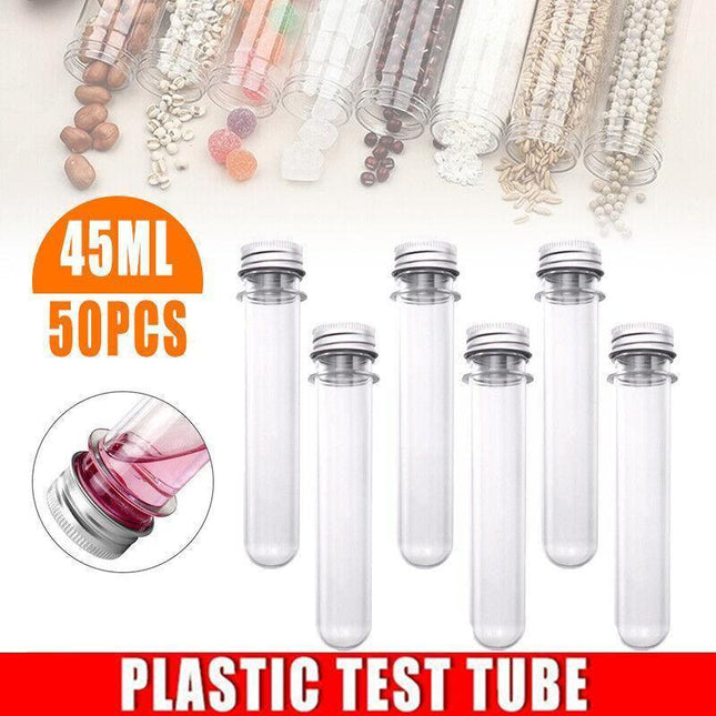 Plastic Test Tubes with metal caps displayed on a laboratory counter.