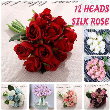 12 Heads Silk Rose Artificial Flowers Fake Bouquet - Aimall