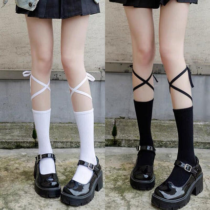 Cross-Tie Women Lolita Socks Bandage Stockings Korean Style Middle Tube Socks AU - Aimall