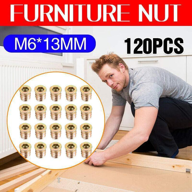 120PCS M6 Zinc Alloy Furniture Hex Drive Flat Head Nut Threaded For Wood Insert - Aimall