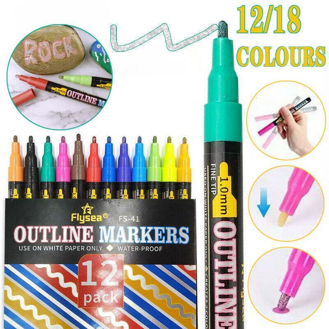 12/18 Colours Christmas Card Drawing Double Line Outline Pen Highlighter Markers - Aimall