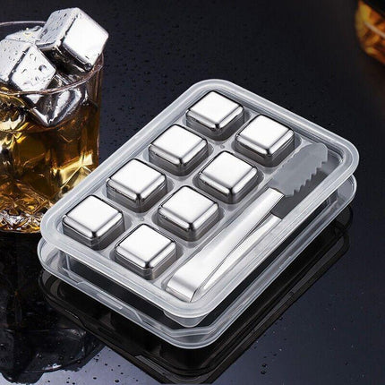 Stainless Steel Whiskey Stones x 8 Ice Cubes With Tong Reusable Cooling Ice Cube - Aimall