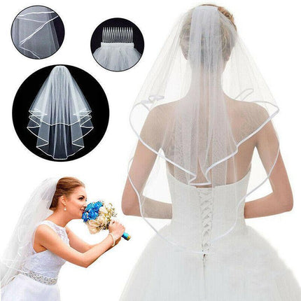 Women Bridal Wedding 2-Tier Veil With Satin Edge Comb Hen's Night White Ivory AU - Aimall