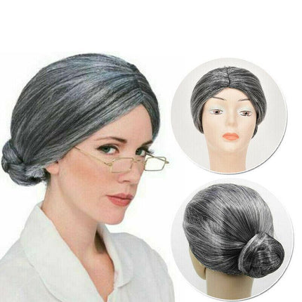 Grandma Wig Old Lady Woman Grey Silver Granny Mother Dress Up Costume Part AU - Aimall