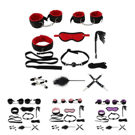 14PCS Bondage Set BDSM Restraint Ball Gag Fetish Handcuffs Couples Sex Whip Toy - Aimall