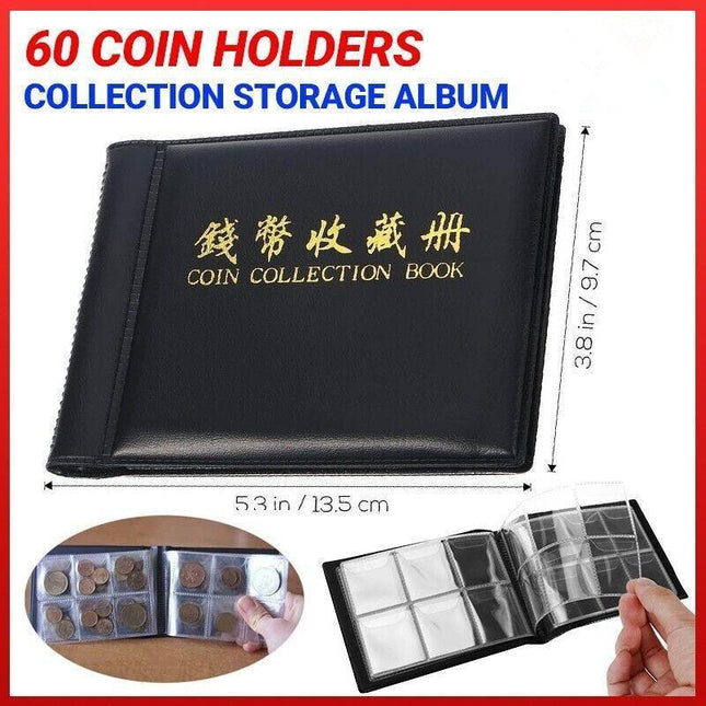 60 Slots Coin Album Holder Storage Collection Collecting Penny Pocket Book Black - Aimall