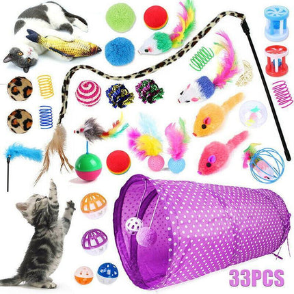 33 items Lovely Cat Kitten Toy Bulk Buy Pet Toys Rod Fur Mice Bells Balls Catnip - Aimall