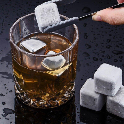Stainless Steel Whiskey Stones x 8 Ice Cubes With Tong Reusable Cooling Ice Cube - Aimall