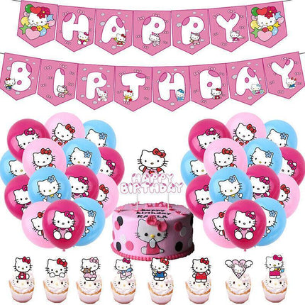 Happy Birthday Cute Hello Kitty Balloon Banner Flag Light Tinsel Curtain Party - Aimall