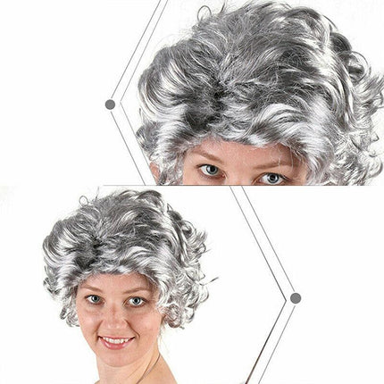 Grandmother Wig Grey Silver Curls Grandma Granny Old Lady Woman Costume Party AU - Aimall