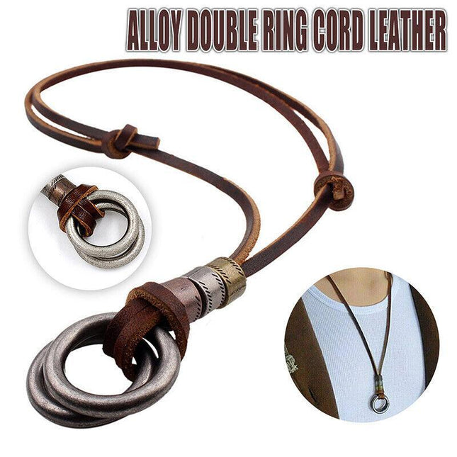 Men Women's Alloy Double Ring Cord Leather Pendant Necklace Adjustable Necklace - Aimall