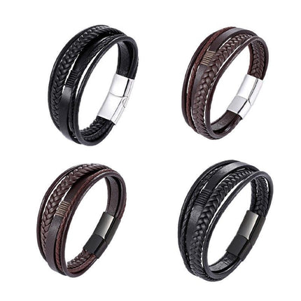 Men Stainless Steel Buckle Leather Bracelet Bangle Cuff Vintage Wristband Rope - Aimall