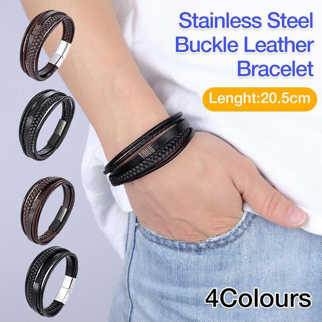 Men Stainless Steel Buckle Leather Bracelet Bangle Cuff Vintage Wristband Rope - Aimall