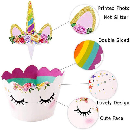 Unicorn Cupcake Topper and Wrapper on festive cupcake.