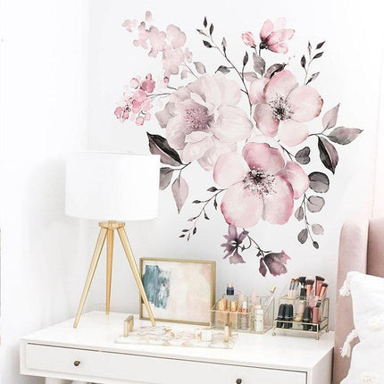 Removable Wall Stickers Watercolour Dusty Pink Flowers Leaves - Aimall