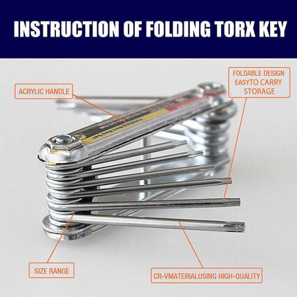 Folding Torx Star Key Set Portable Wrench Tool Chrome vanadium Steel T6-T30 New - Aimall