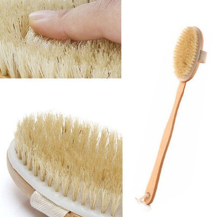 Body Bath Brush Scrub Back Massager Scrubber Long Handle Natural Wooden Shower - Aimall