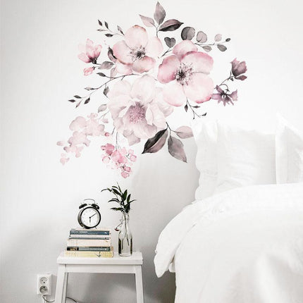 Removable Wall Stickers Watercolour Dusty Pink Flowers Leaves - Aimall