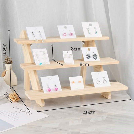 3 Tiers Wooden Earring Display Stand Holder Necklace Ring Counter Display - Aimall