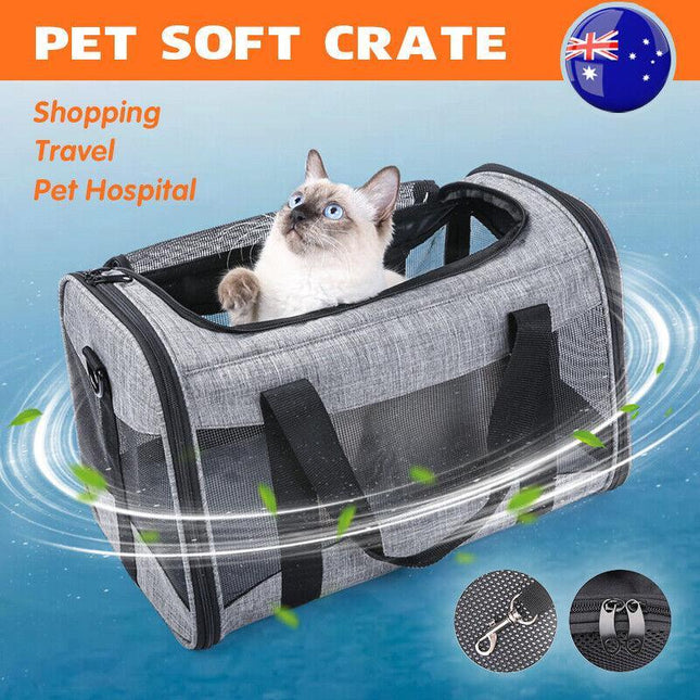 Foldable Pet Carrier Bag Cat Dog Soft Crate Cage Kennel Grey Travel Portable Car - Aimall