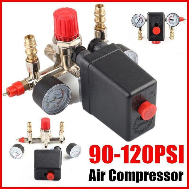 90-120PSI Air Compressor Pressure Switch Control Valve Manifold Regulator Gauges - Aimall