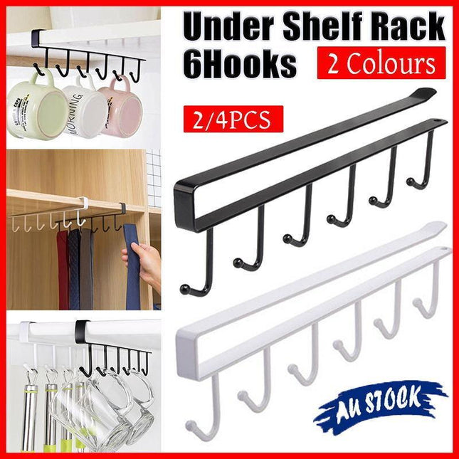 6Hook Mug Cup Rack Holder Under Shelf Kitchen Cabinet Hanger Organiser Wardrobe - Aimall