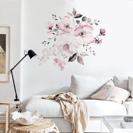 Removable Wall Stickers Watercolour Dusty Pink Flowers Leaves - Aimall