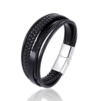 Men Stainless Steel Buckle Leather Bracelet Bangle Cuff Vintage Wristband Rope - Aimall
