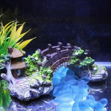 Aquarium Fish Tank Ornament Bridge Resin Rock Pavilion Tree Landscape Decoration - Aimall