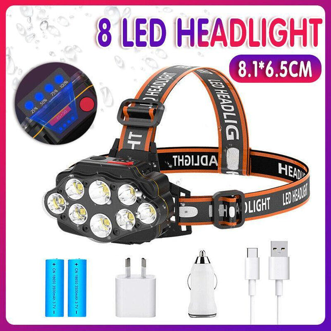 100000LM 8LED T6 Headlamp Headlight Torch Rechargeable Flashlight Work Light AU - Aimall