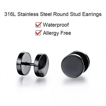 Pair Black Flat Round Barbell Plug Stud Earrings Stainless Steel Mens Gym 4-12MM - Aimall