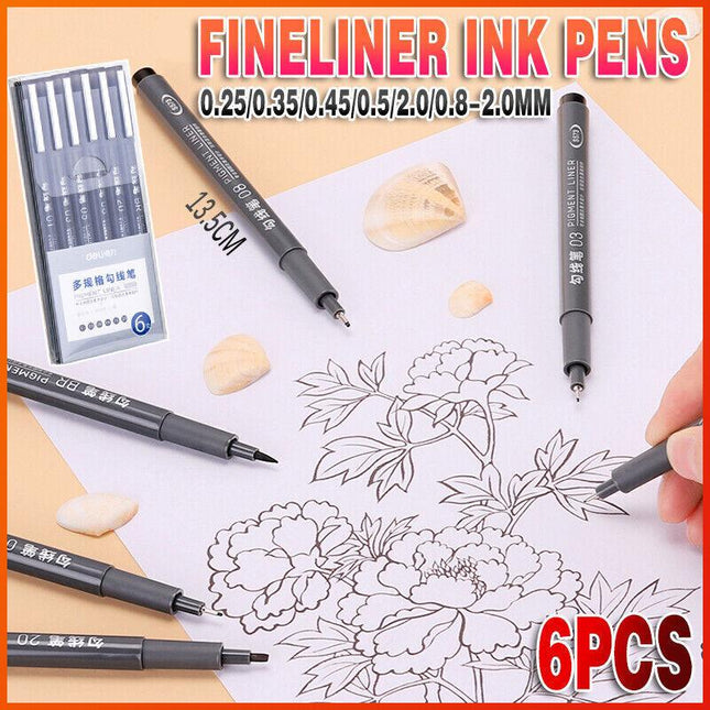6 PCS Set 6 Sizes Micro Pen Fineliner Ink Pens Waterproof Fine Point Line Black - Aimall