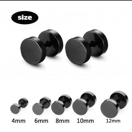 Pair Black Flat Round Barbell Plug Stud Earrings Stainless Steel Mens Gym 4-12MM - Aimall