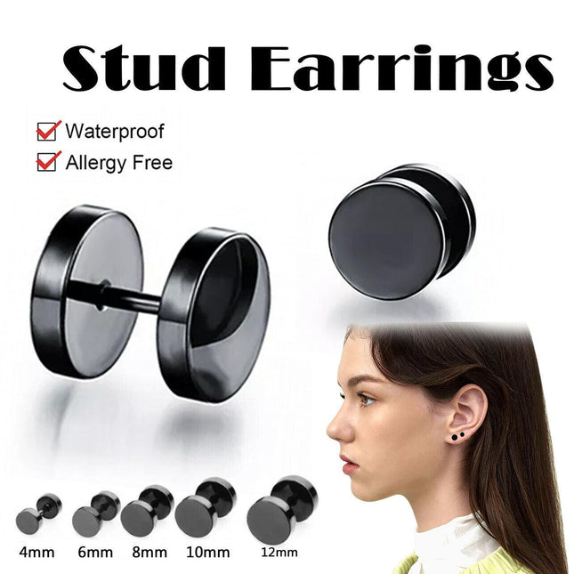 Pair Black Flat Round Barbell Plug Stud Earrings Stainless Steel Mens Gym 4-12MM - Aimall