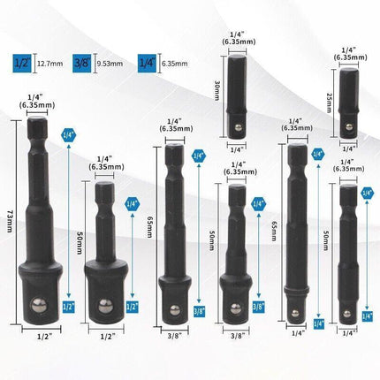 8X Drill Socket Adapter Set Impact Nut Driver Hex Extension Bits 1/4" 3/8" 1/2" - Aimall