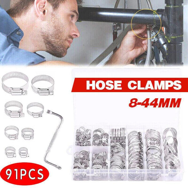 Stainless Steel Hose Clamps Clips Range Worm Gear Pipe Clamp Kit AU STOCK 91PCS - Aimall