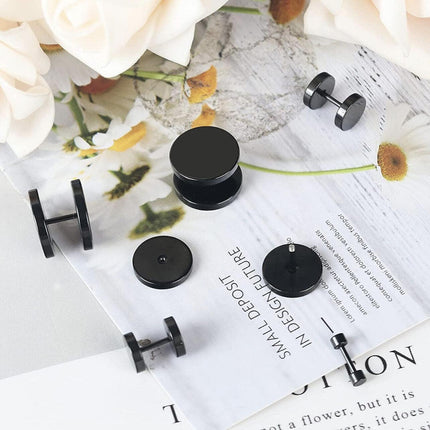 Pair Black Flat Round Barbell Plug Stud Earrings Stainless Steel Mens Gym 4-12MM - Aimall